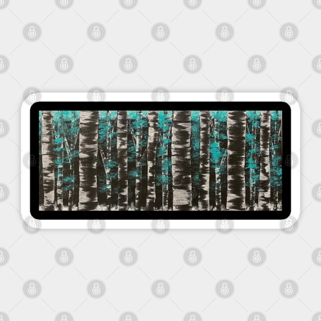 Black and White Birch Trees with Teal Leaves Sticker by J&S mason